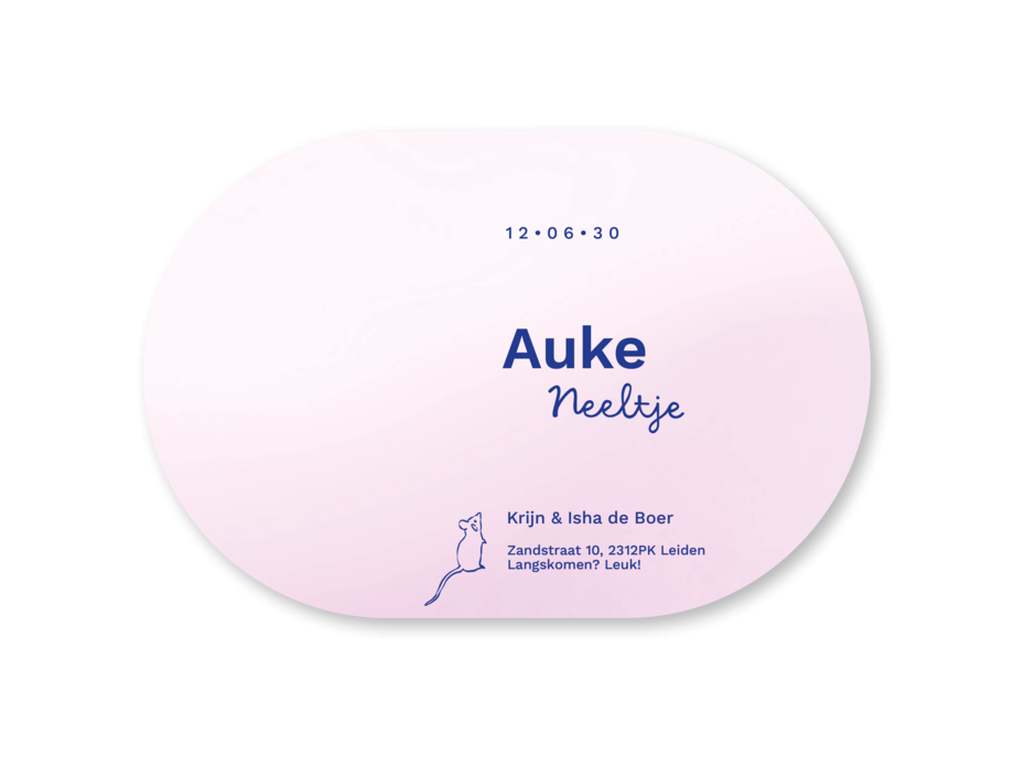 Geboortekaartje vorm ovaal kleurverloop muisje Auke achterzijde