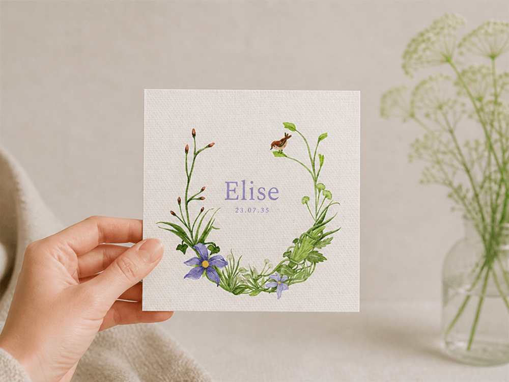 Geboortekaartje getekende planten, bloemen en vogels Elise