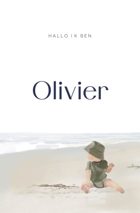 Geboortekaartje illustratie baby op strand Olivier