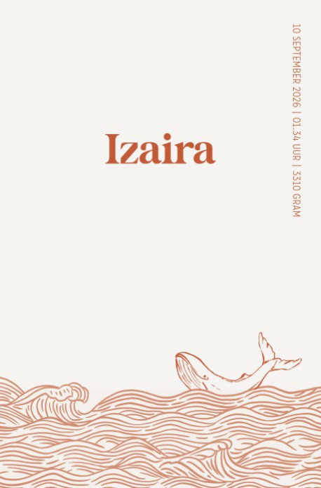 Geboortekaartje met getekende walvis en golven Izaira