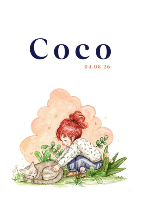 Geboortekaartje met handgetekende illustratie van meisje en poes Coco