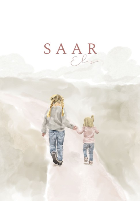 Geboortekaartje met illustratie grote zus en meisje Saar
