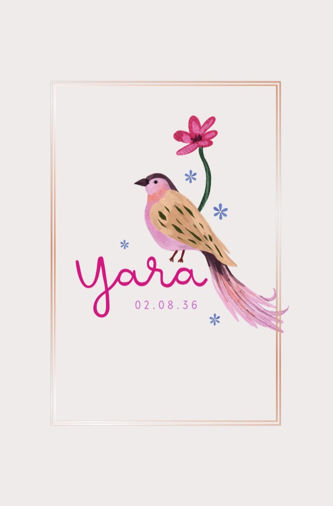 Geboortekaartje met vogel en bloemen Yara