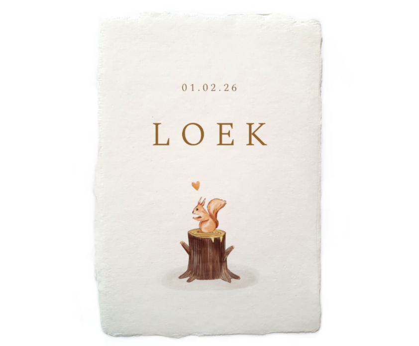 Lief geboortekaartje eekhoorn en boomstam Loek