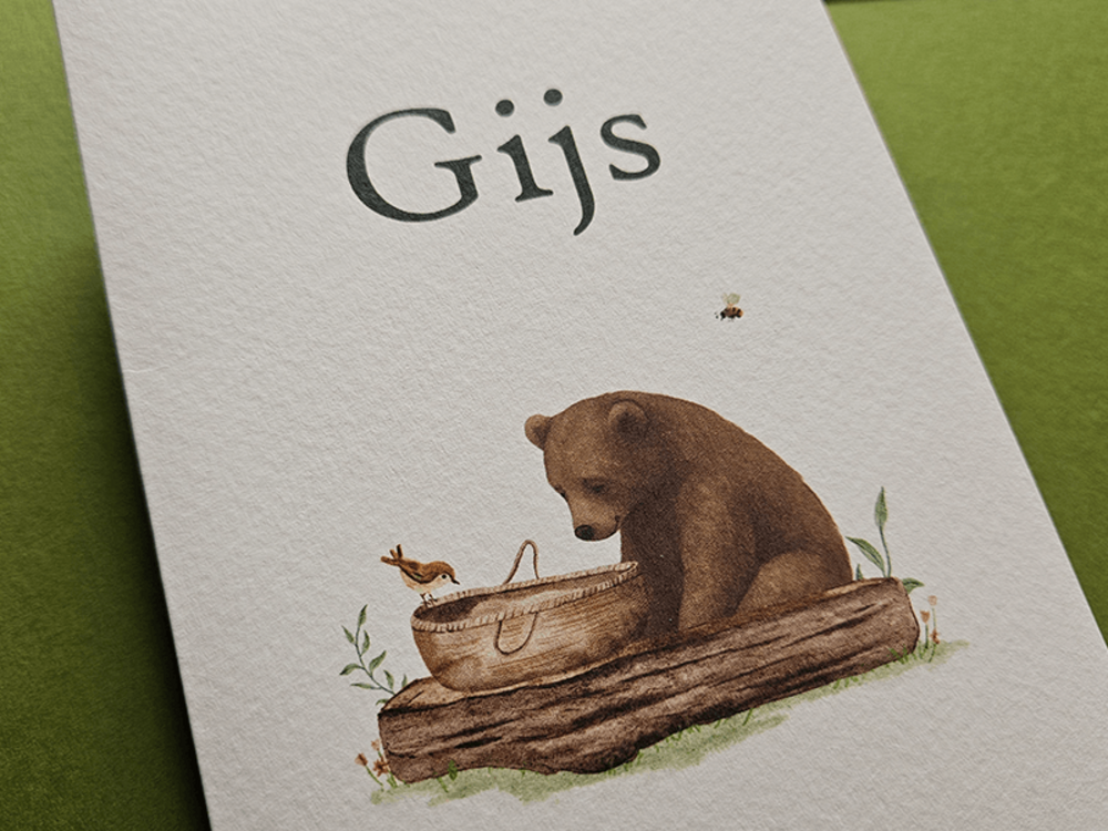Geboortekaartje met handgetekende dieren Gijs