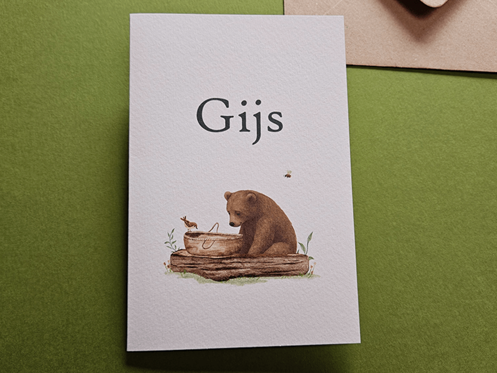 Geboortekaartje met handgetekende dieren Gijs