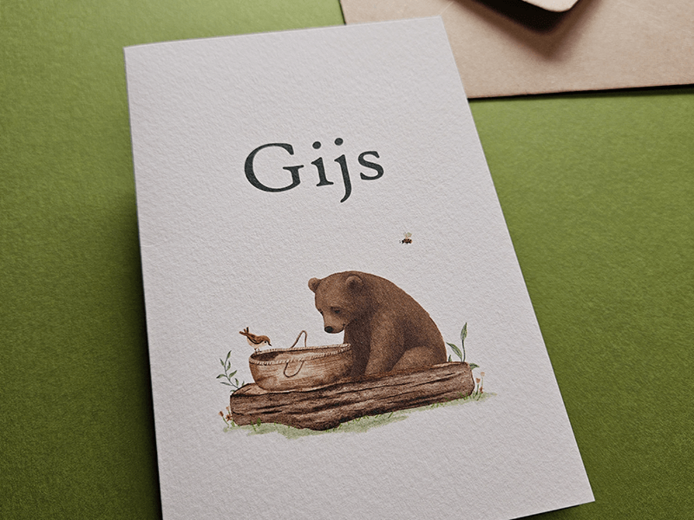 Geboortekaartje met handgetekende dieren Gijs