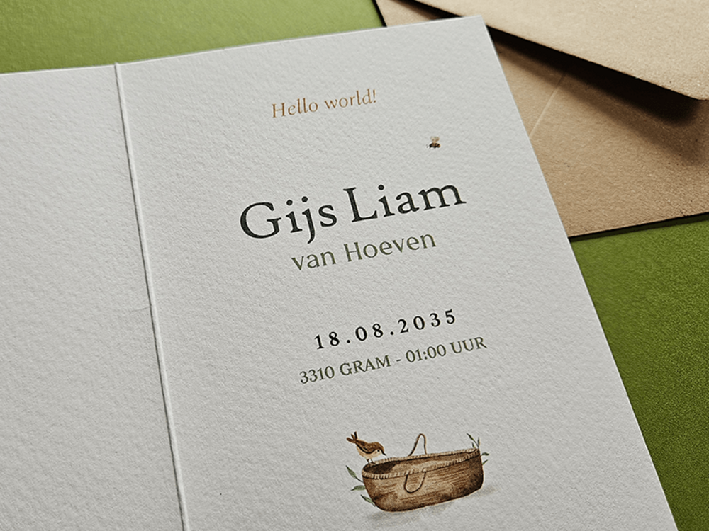 Geboortekaartje met handgetekende dieren Gijs