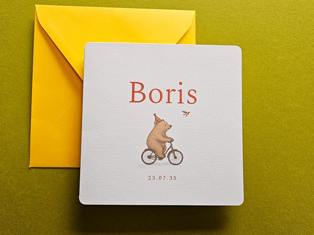 Geboortekaartje met beertje op fiets Boris