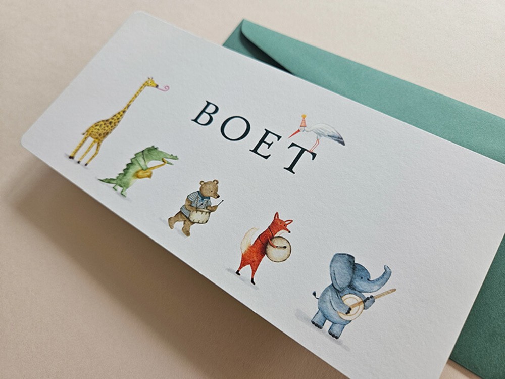 Geboortekaartje met handgetekende dierenoptocht en kleurrijke illustraties Boet