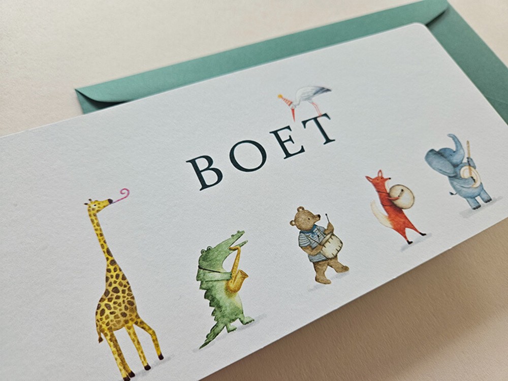 Geboortekaartje met handgetekende dierenoptocht en kleurrijke illustraties Boet