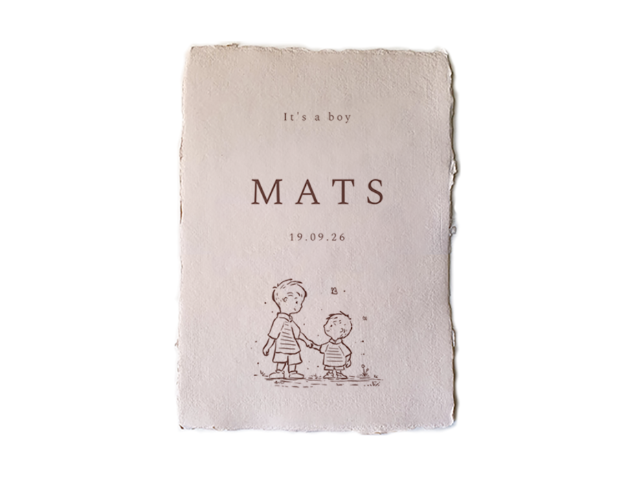 Geboortekaartje handgeschept papier met broertjes illustratie Mats
