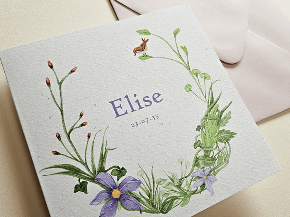Geboortekaartje getekende planten, bloemen en vogels Elise