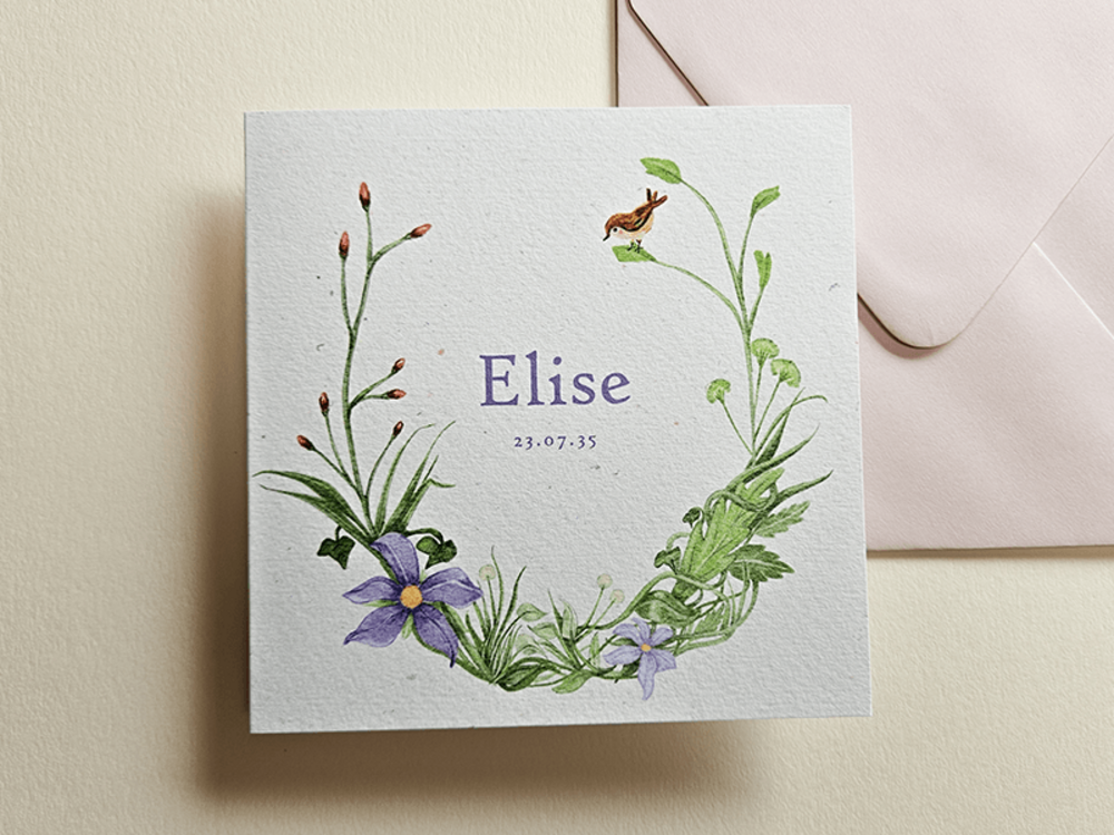 Geboortekaartje getekende planten, bloemen en vogels Elise