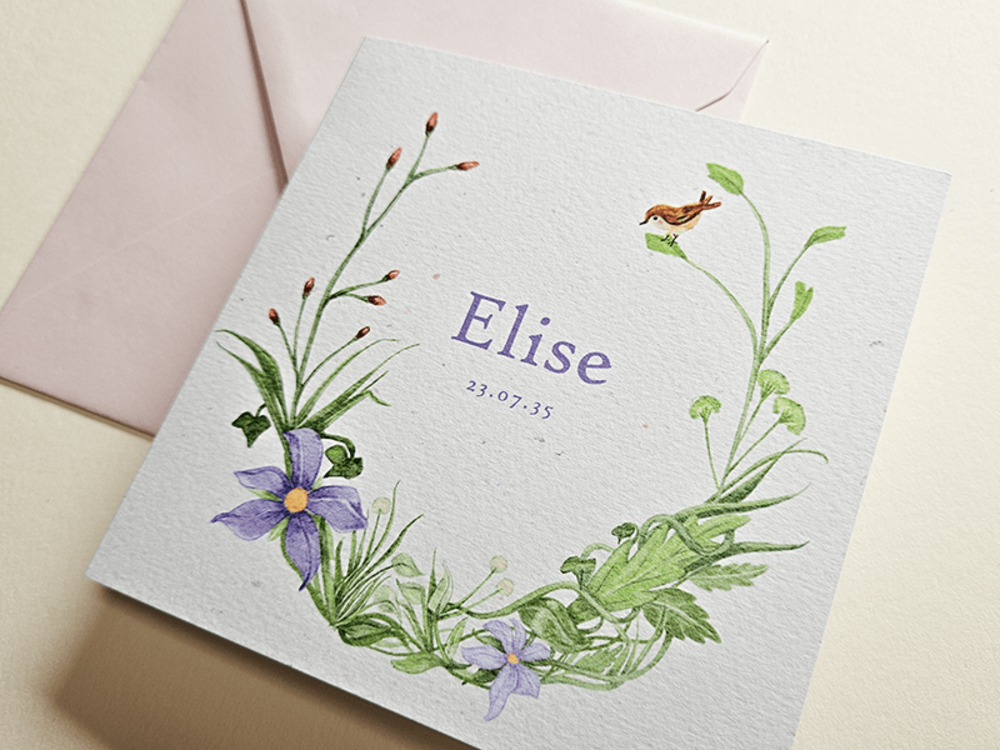 Geboortekaartje getekende planten, bloemen en vogels Elise