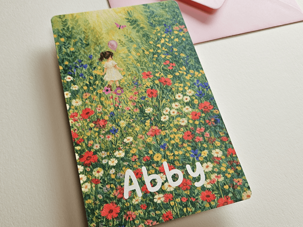 Zomers geboortekaartje in een bloemenveld Abby