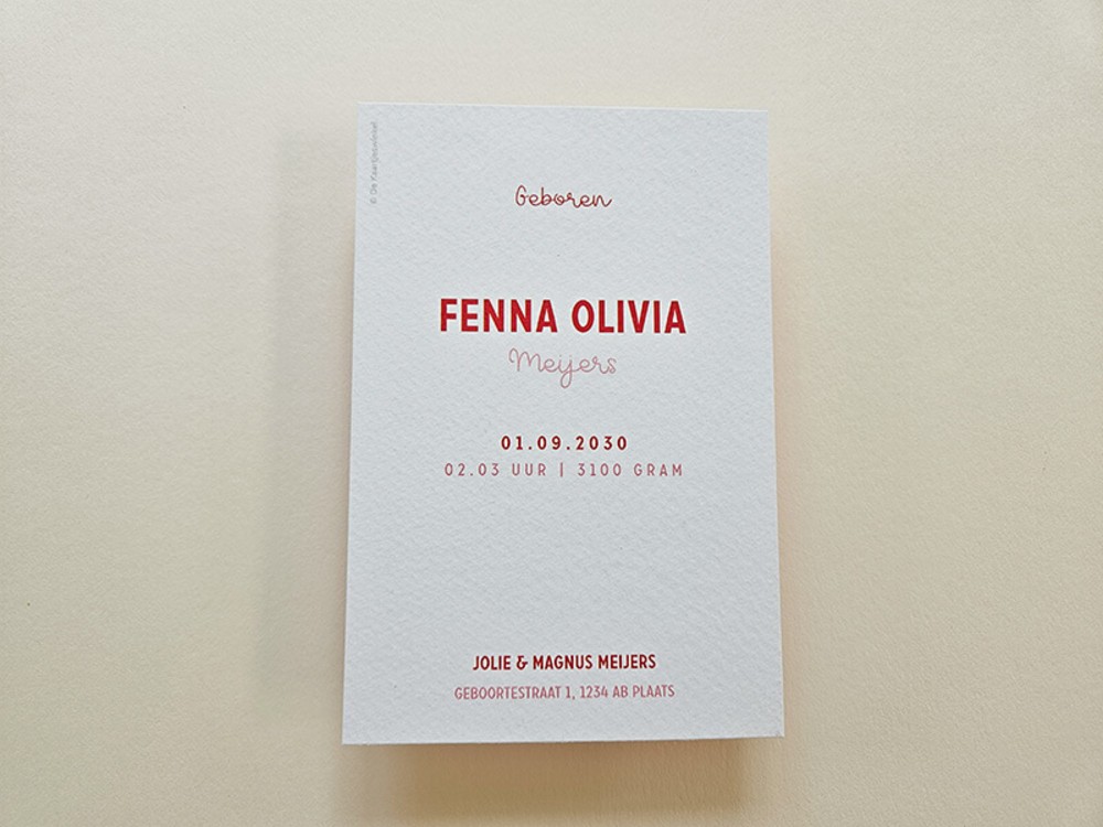 Lief geboortekaartje met handgetekende ooievaar Fenna