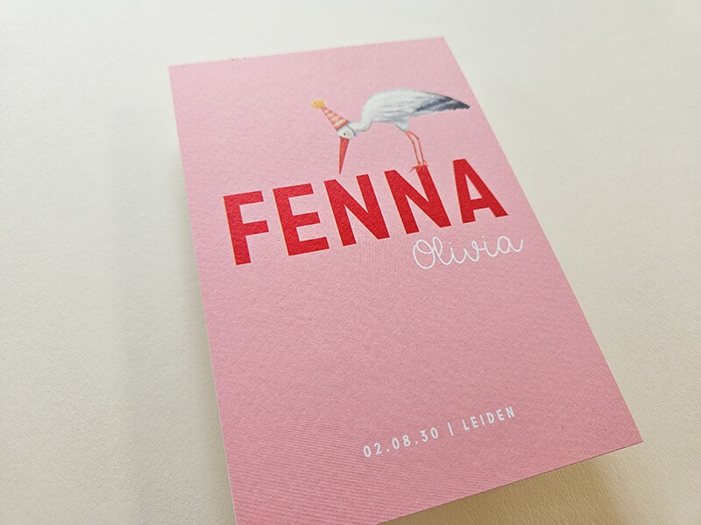 Lief geboortekaartje met handgetekende ooievaar Fenna