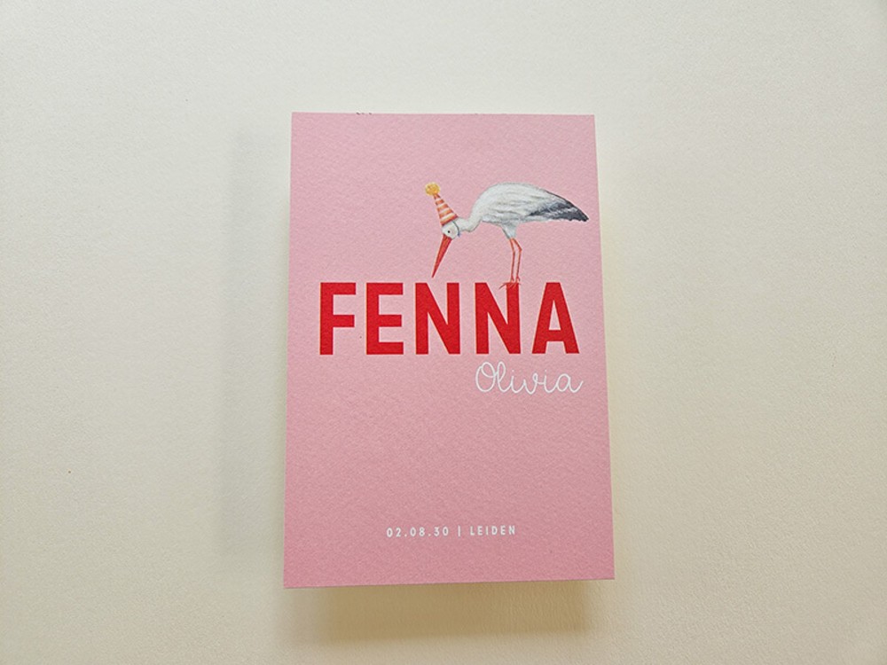 Lief geboortekaartje met handgetekende ooievaar Fenna