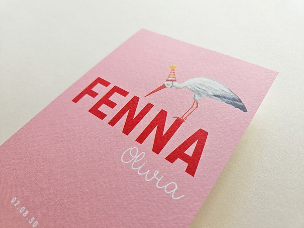 Lief geboortekaartje met handgetekende ooievaar Fenna