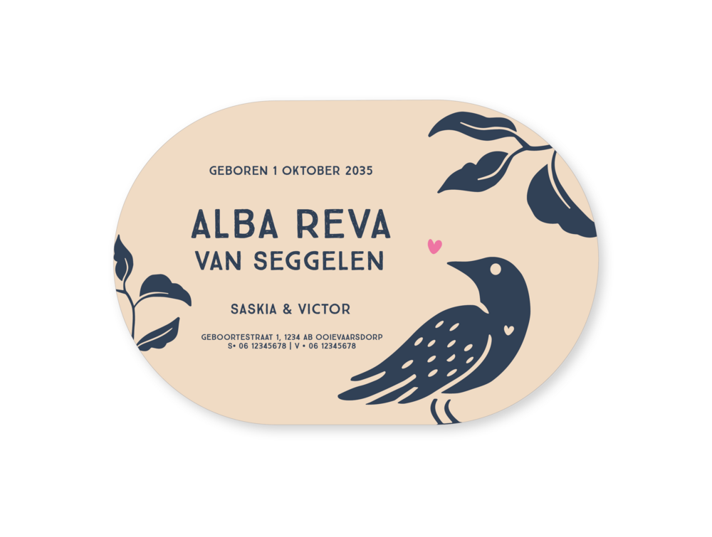 Stoer kleurrijk linosnede geboortekaartje Alba