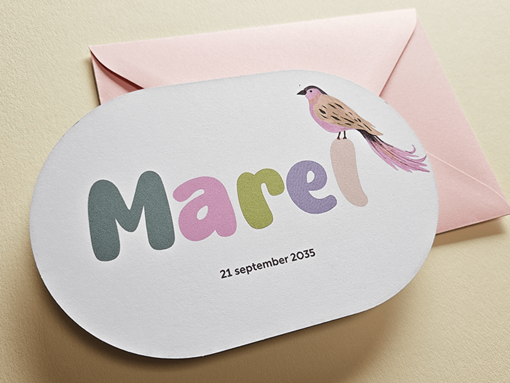 Geboortekaartje meisje ovaal vogel speelse letters Marel