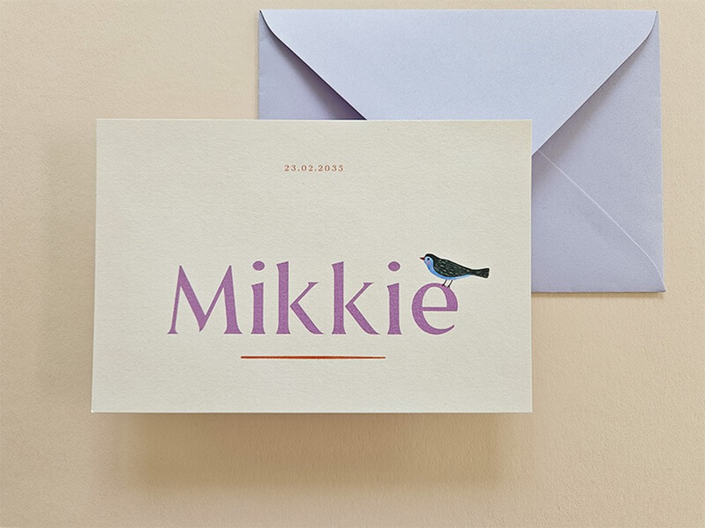 Lief geboortekaartje met vogeltje in zachte kleuren Mikkie