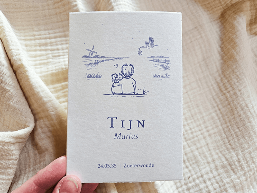 Geboortekaartje met broer en zus lijntekening Tijn