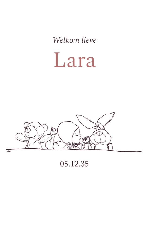 Klassiek geboortekaartje met lijntekening baby en knuffels Lara