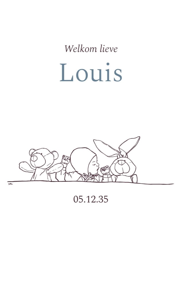 Klassiek geboortekaartje met lijntekening baby en knuffels Louis