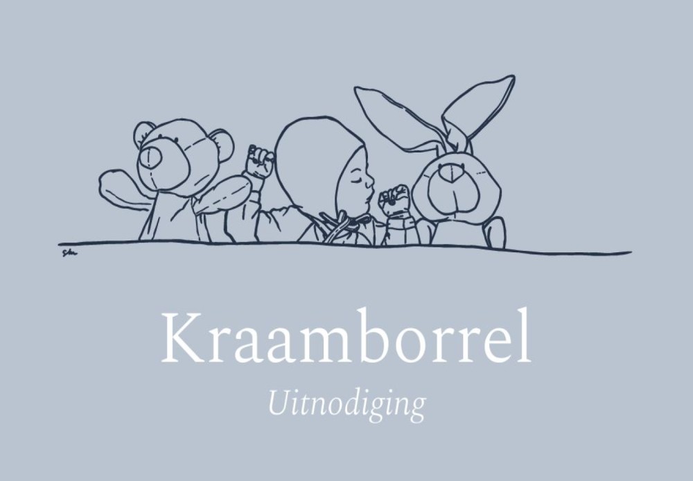 Kraamkaartje kraamfeest lijntekening baby en knuffels