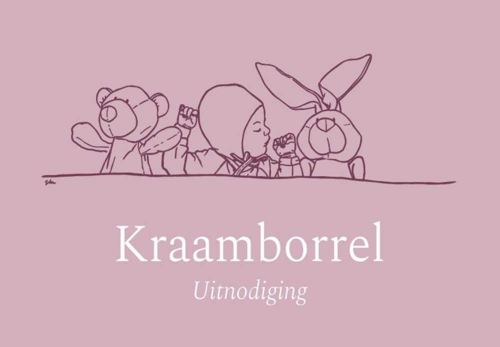 Kraamkaartje kraamfeest meisje lijntekening baby en knuffels
