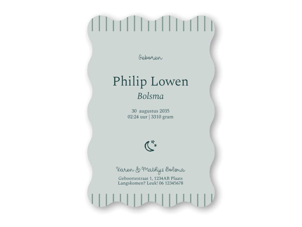 Golvende vorm geboortekaartje met lijntekening Philip achterzijde