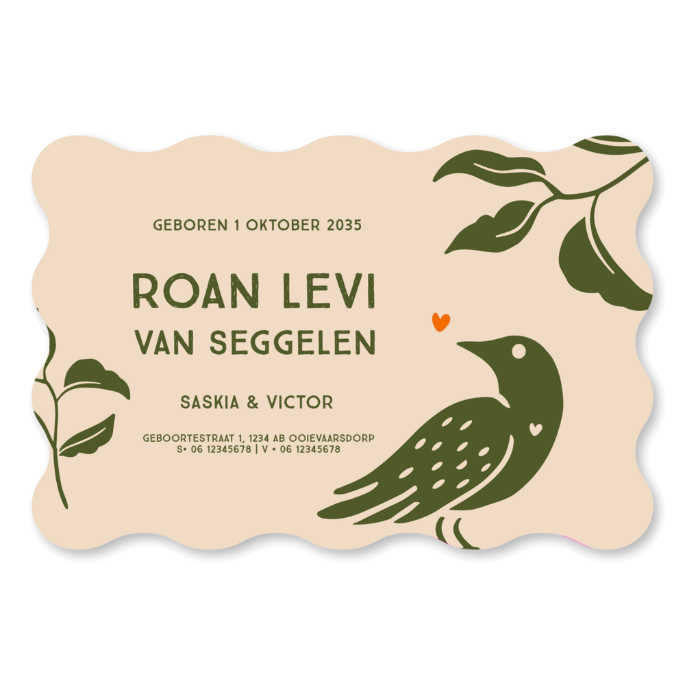 Stoer kleurrijk linosnede geboortekaartje Roan
